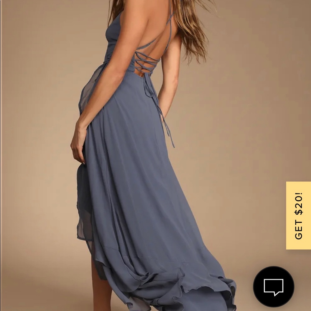 Lulus formal dress. Dusky grey color. Slight high/low detail. Size small